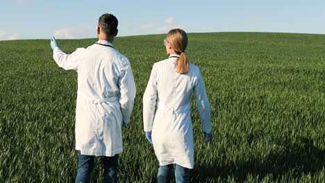 rear view of caucasian researchers in white gown walking in the green field