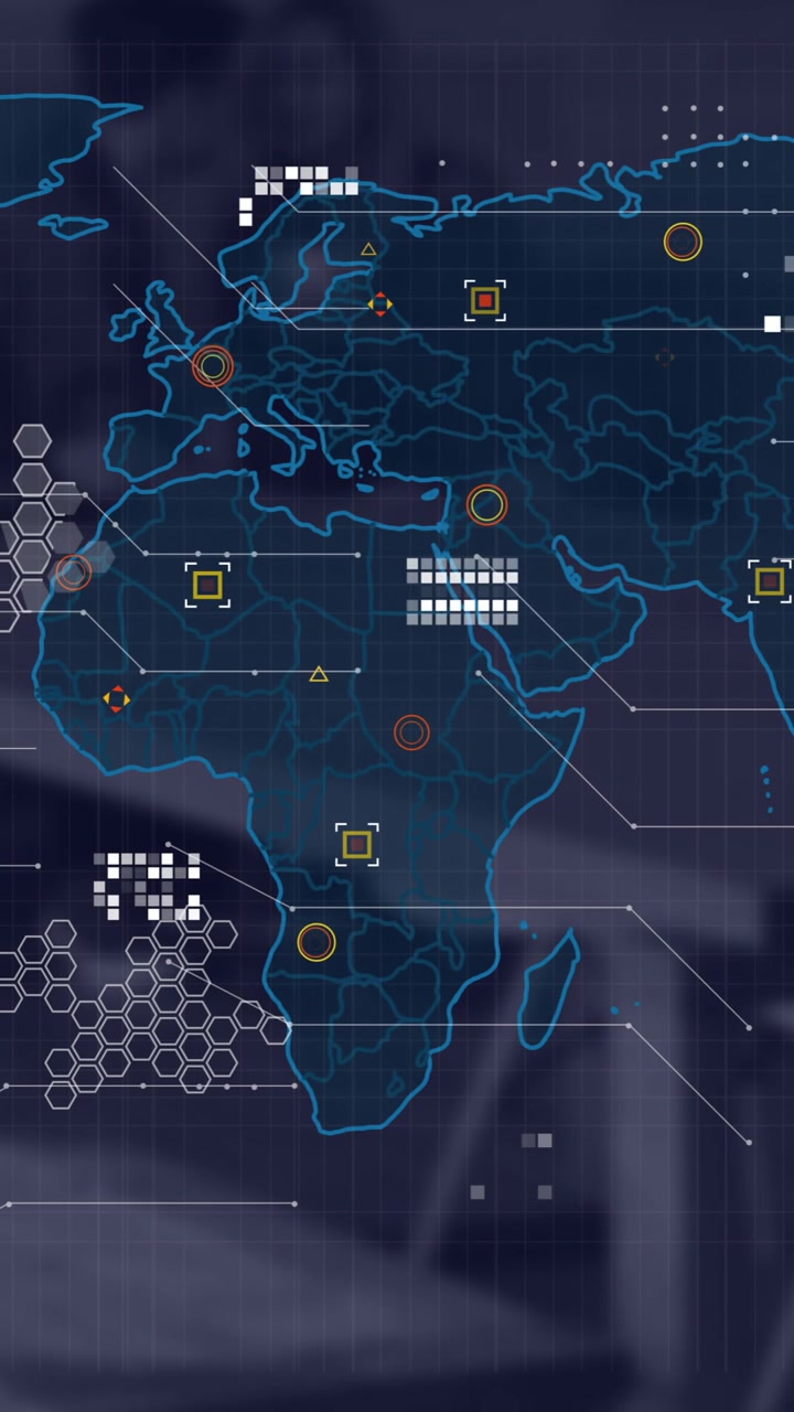 Animation of financial data processing and world map over desk in office