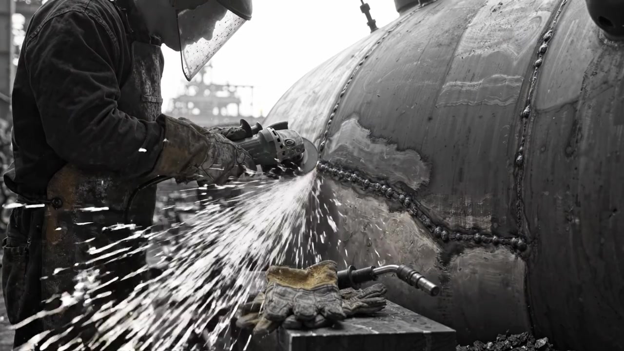 Operaio che esegue la molatura del metallo su un grande recipiente industriale con equipaggiamento protettivo, scintille che volano in un ambiente di officina affollato, enfatizzando sicurezza e precisione.