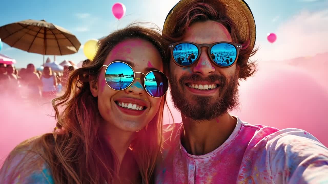 Happy couple at a vibrant color festival