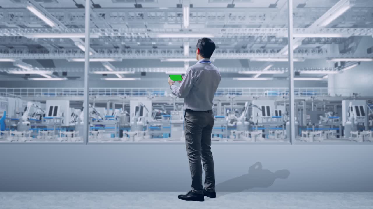 태블릿으로 생산 라인을 모니터링하는 공장 노동자