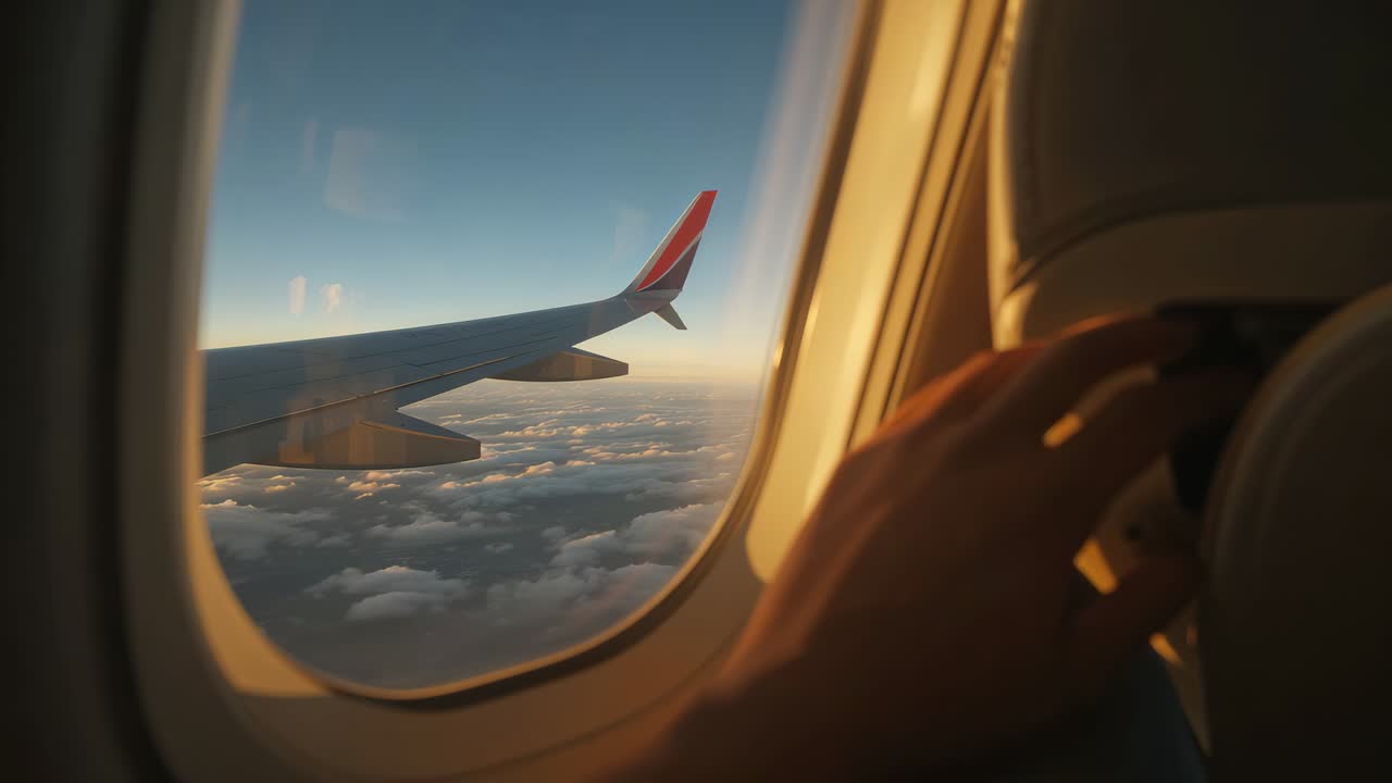 Mano di un viaggiatore che indossa una maglia a maniche lunghe e sistema la tenda alla finestra della cabina, ala illuminata dal sole caldo