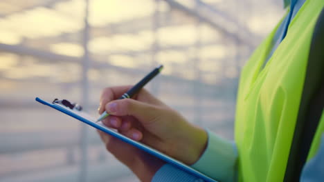 closeup factory supervisor checking producing in greenhouse analyzing data