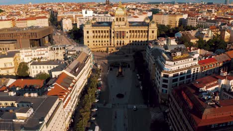 aerial - wenceslas square in prague, czech republic, wide shot forward tilt down