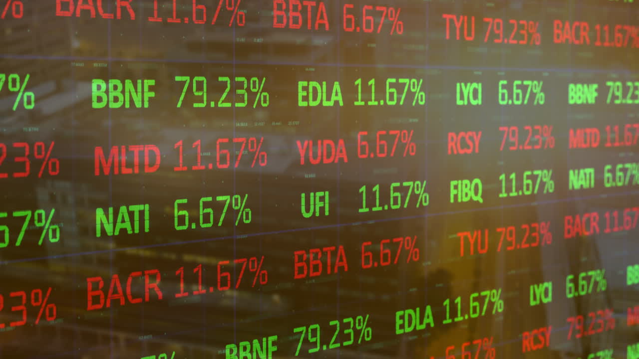 Visualizzazione di percentuali fluttuanti, un tabellone elettronico mostra dati del mercato azionario