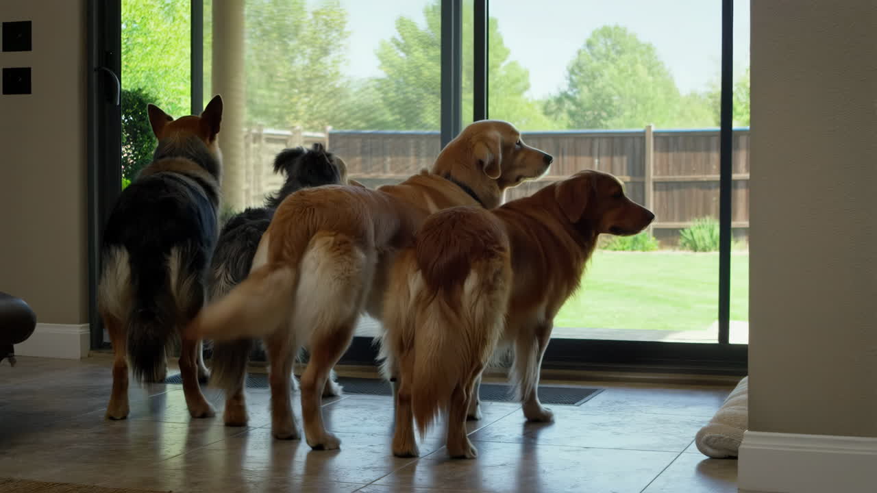Four dogs looking out a glass door into a backyard