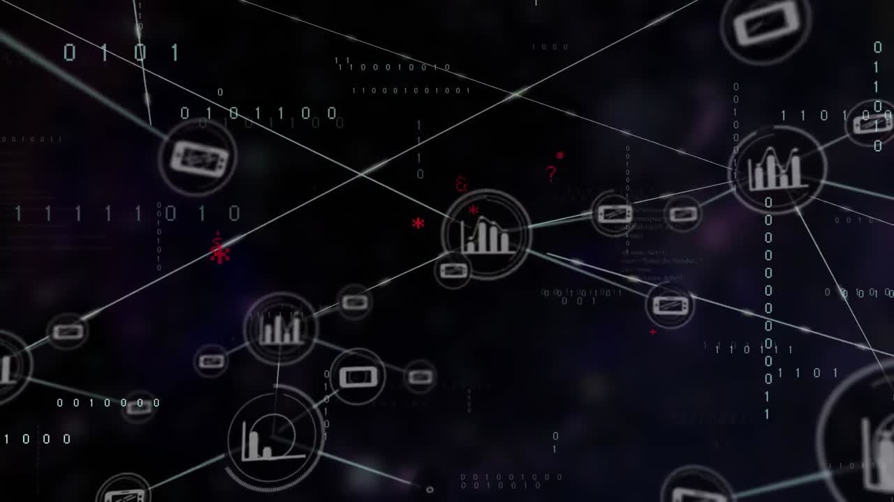 Animation of network of connections with icons over data processing