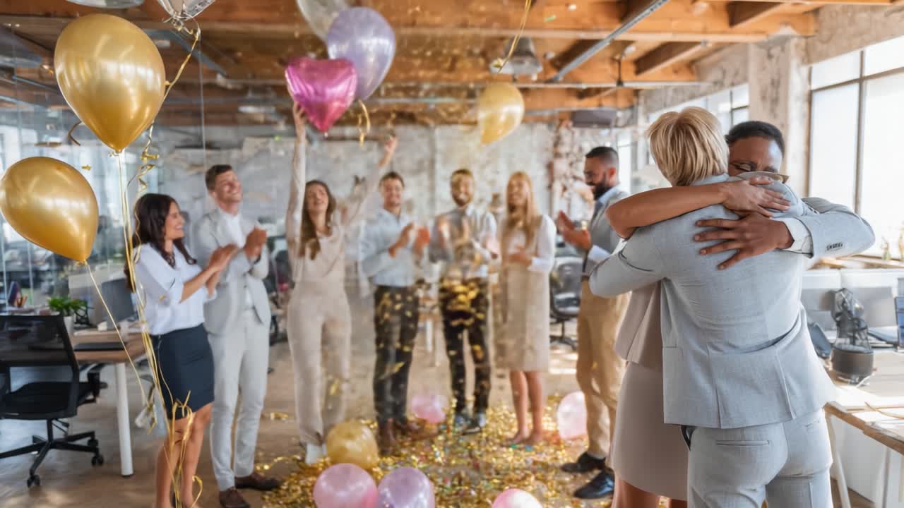 A heartfelt embrace celebrated by a joyful group of coworkers, surrounded by festive balloons and confetti in a modern office setting, creating a moment of connection and happiness