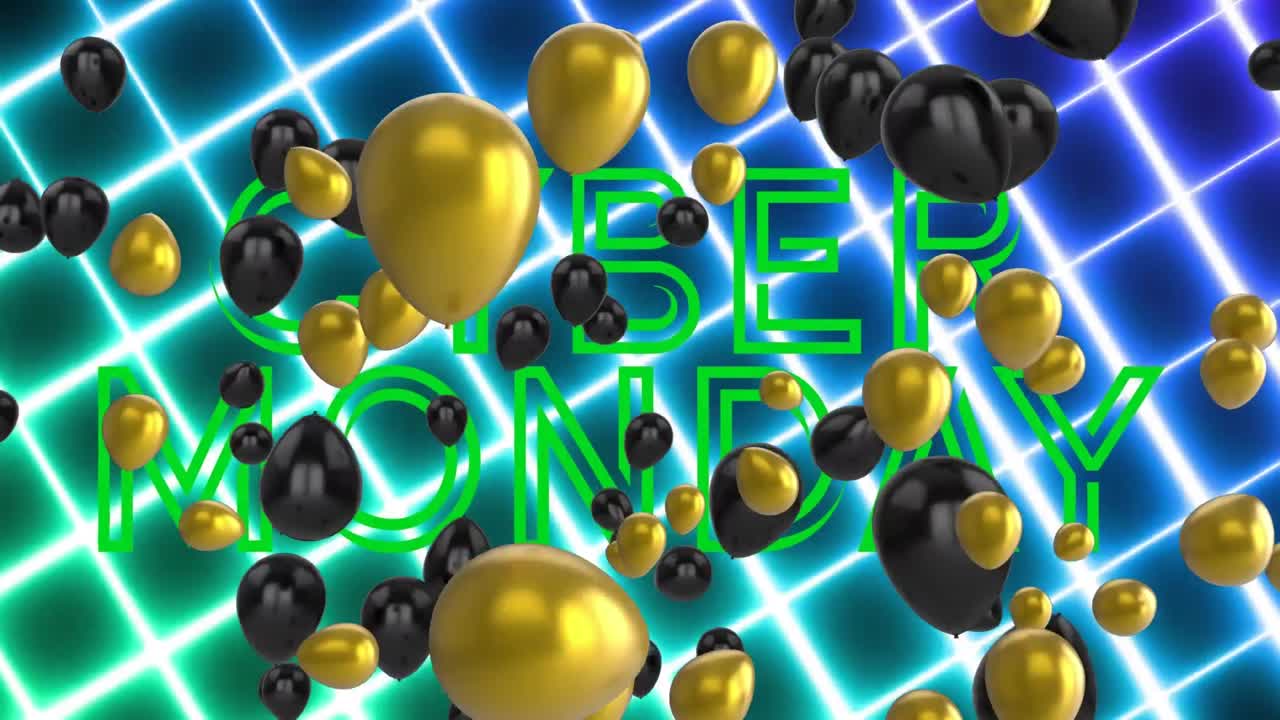 animación de texto verde cyber lunes, con globos negros y dorados sobre la rejilla de neón en movimiento
