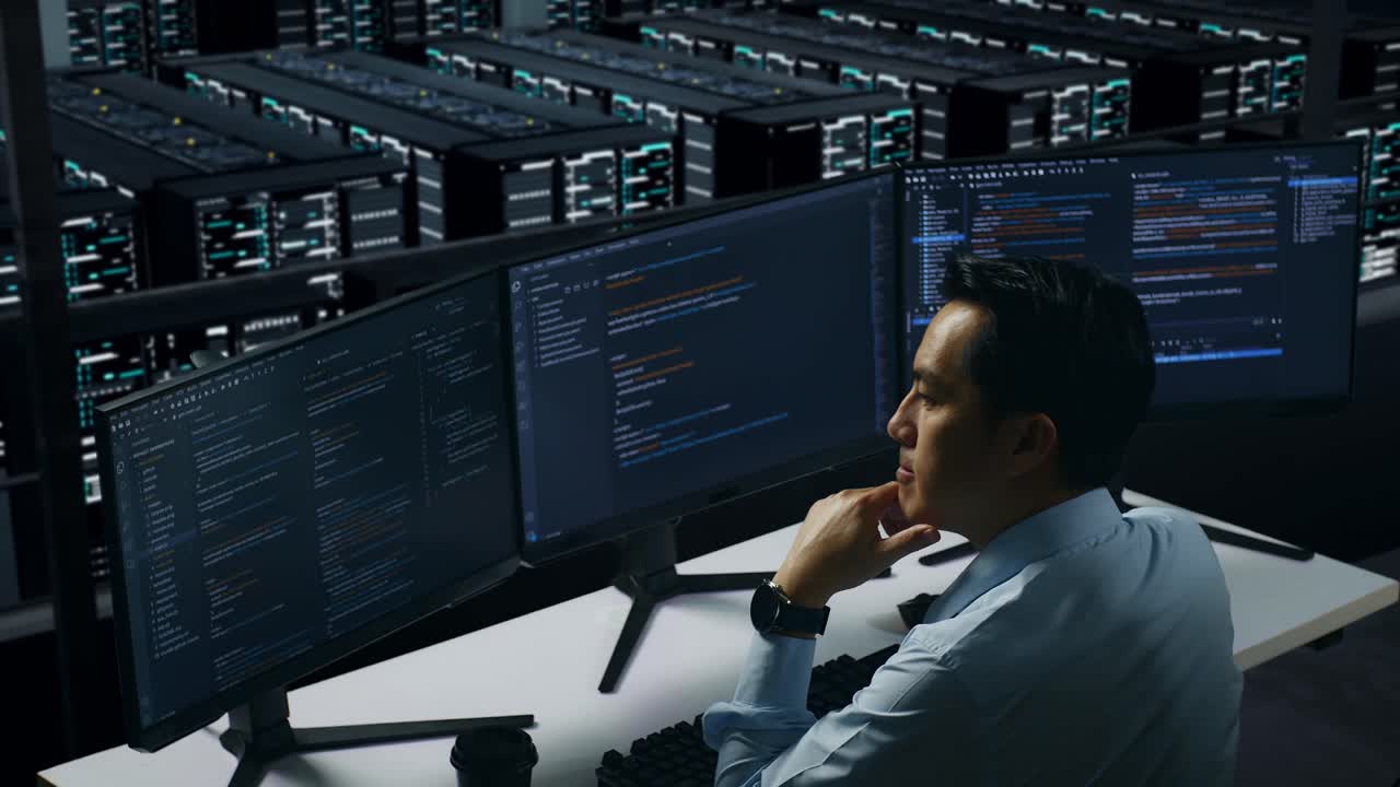 vista trasera de un hombre asiático cansado bostezando mientras trabajaba con un simulacro de varios monitores de computadora en el centro de datos