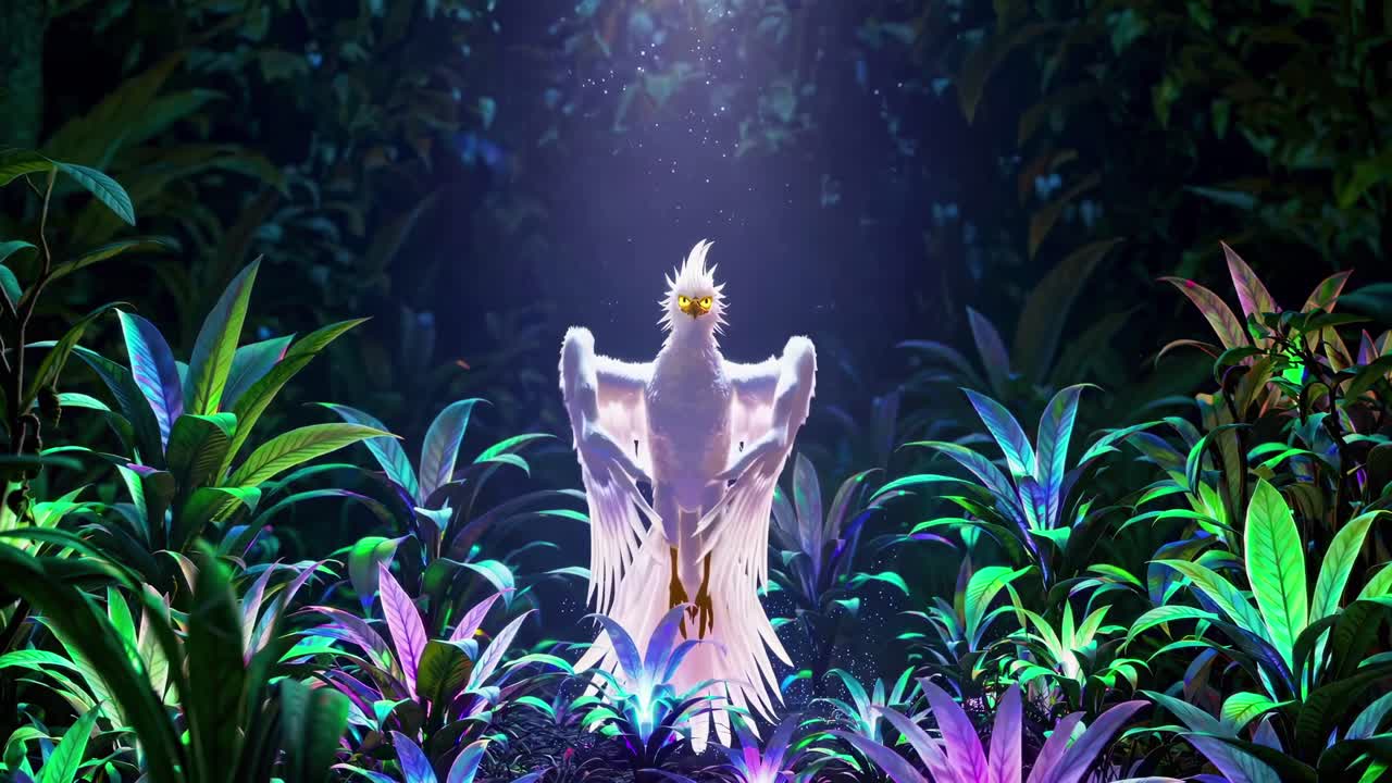 A mystical creature with glowing wings in a lush forest, captured from a low angle
