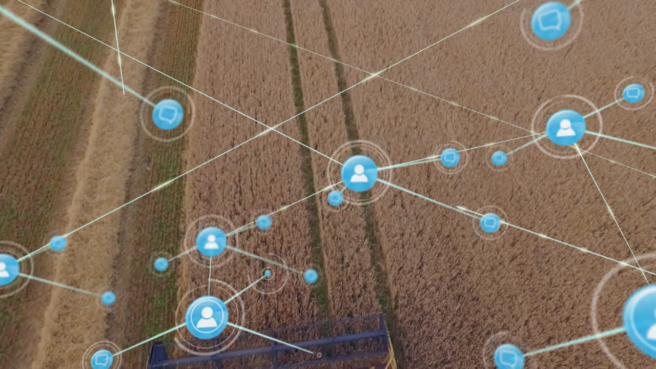 Network of connections animation over aerial view of harvester in field