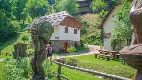 lovely couple spending their honeymoon in a peaceful, relaxing place in slovenia mountains - wide shot