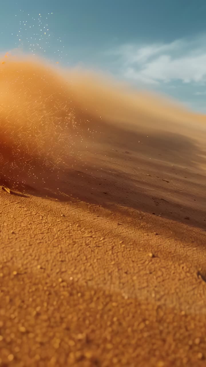 Video verticale: sabbia sollevata dalla cima di una duna nel deserto, una raffica di vento crea un pennacchio arancione sul pendio della duna