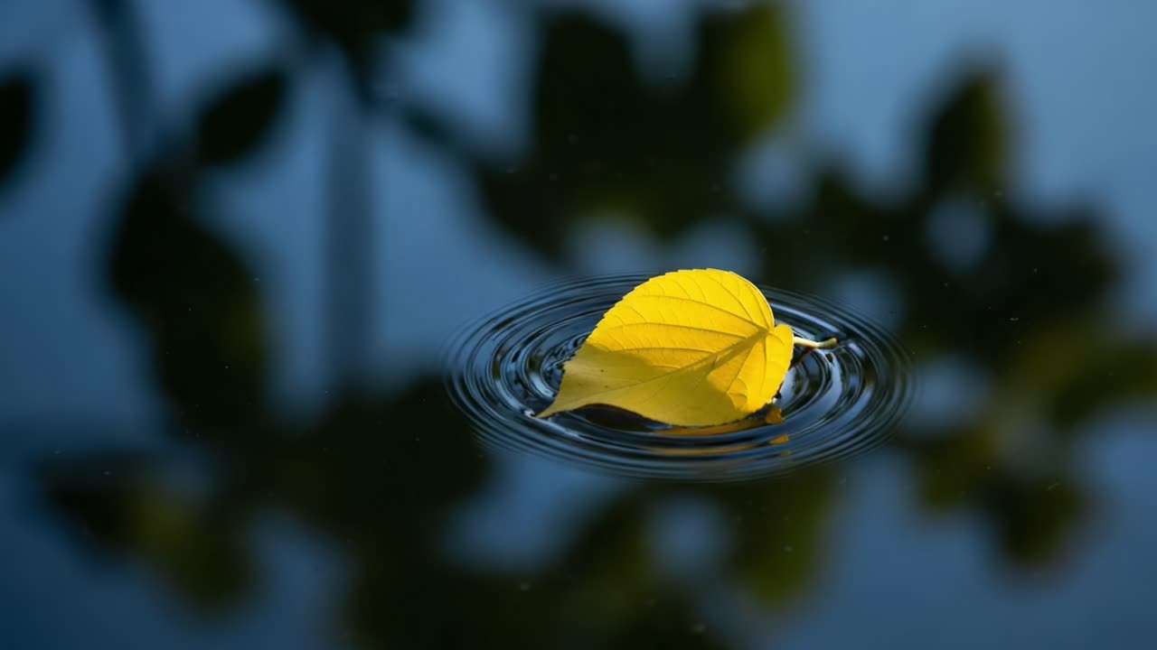 A serene moment captured in nature, featuring a vibrant yellow leaf gracefully floating on the calm surface of water, surrounded by soft reflections of greenery