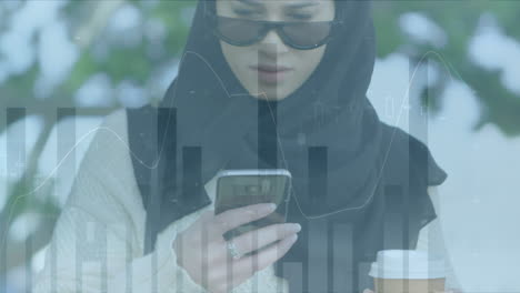 animation of financial data processing over woman in hijab using smartphone