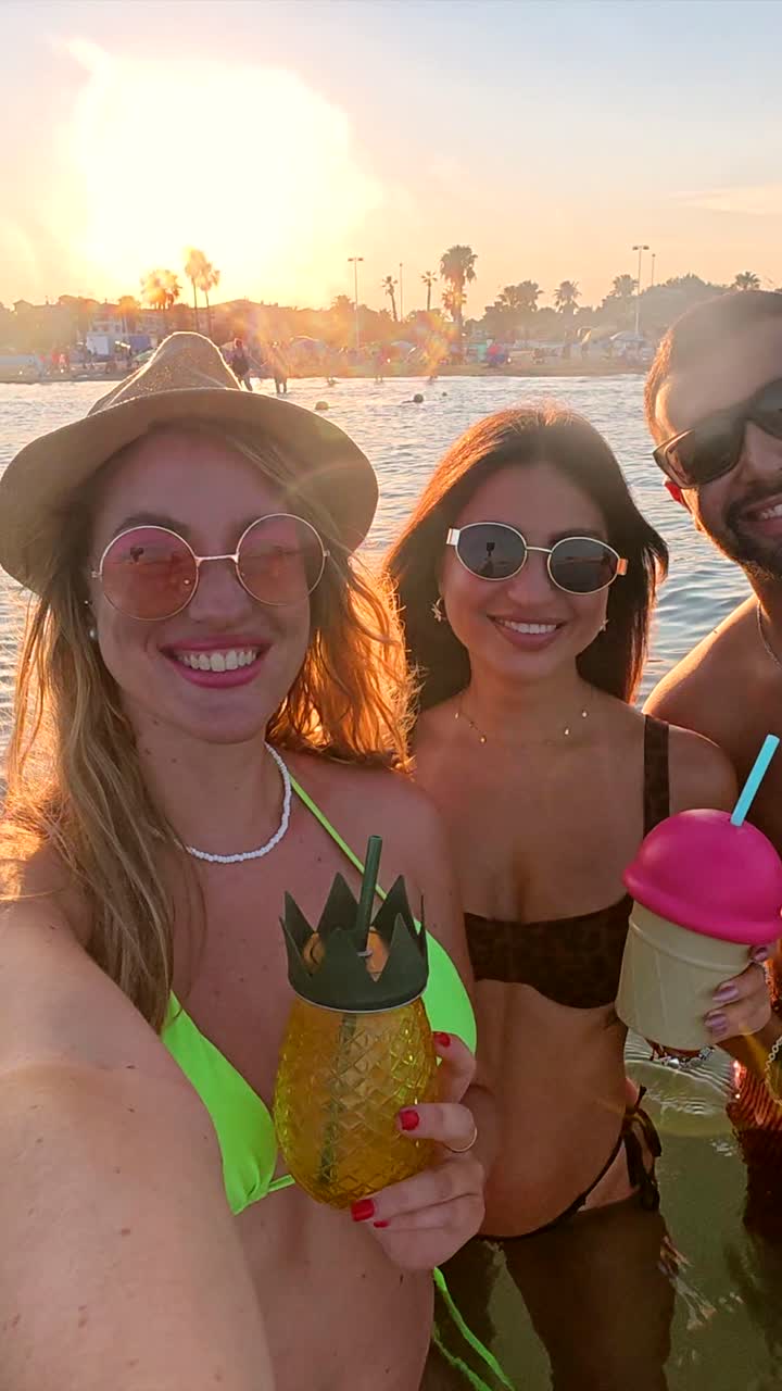 People enjoying cocktails at the beach during sunset