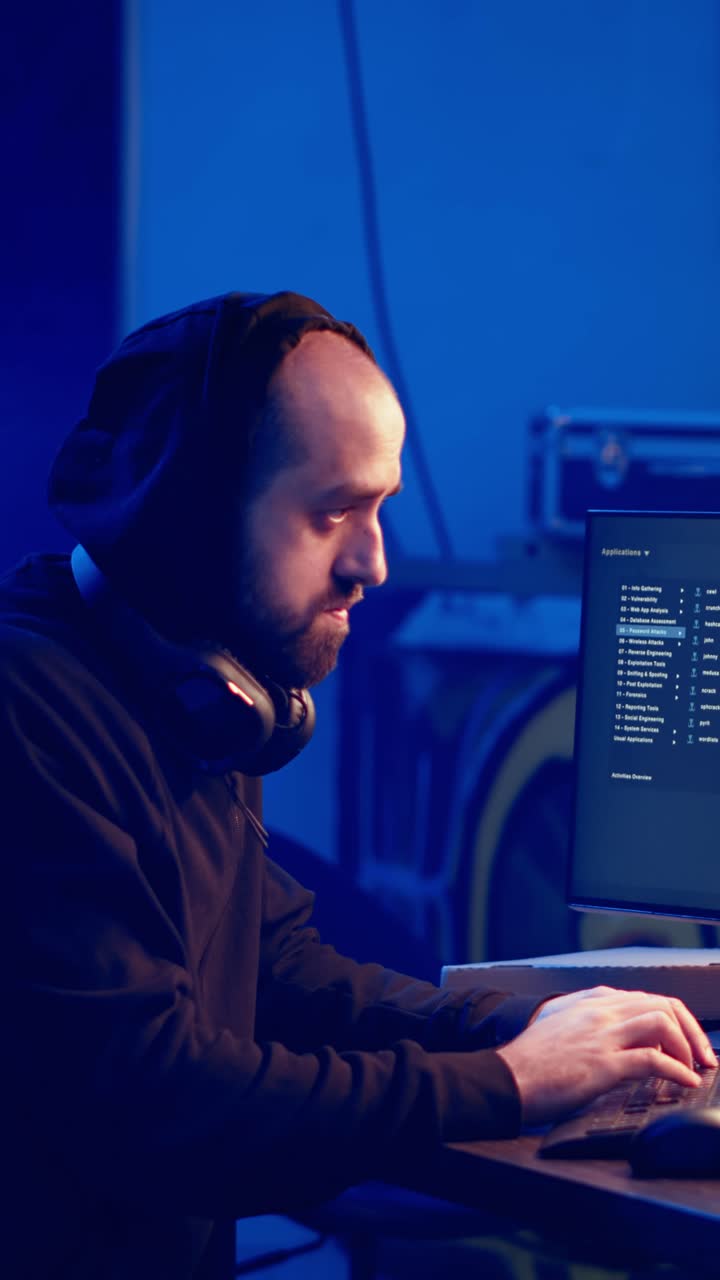 Vertical video Hooded hacker creating pirating crack for software and video game releases