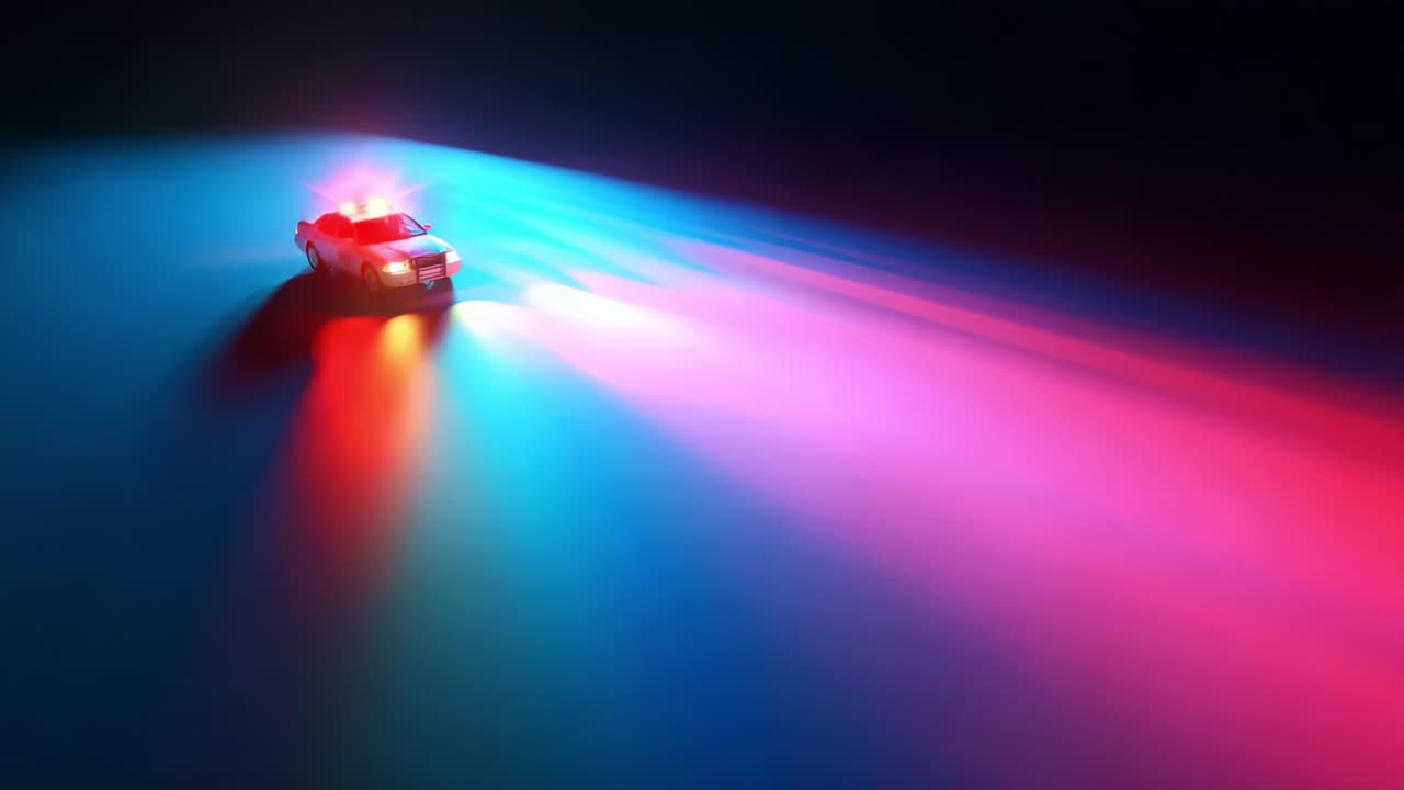 A Vibrant Display of Emergency Lights on a Police Car Casting Colorful Rays into the Surrounding Darkness, Creating a Striking Visual Contrast and Evoking a Sense of Urgency and Action