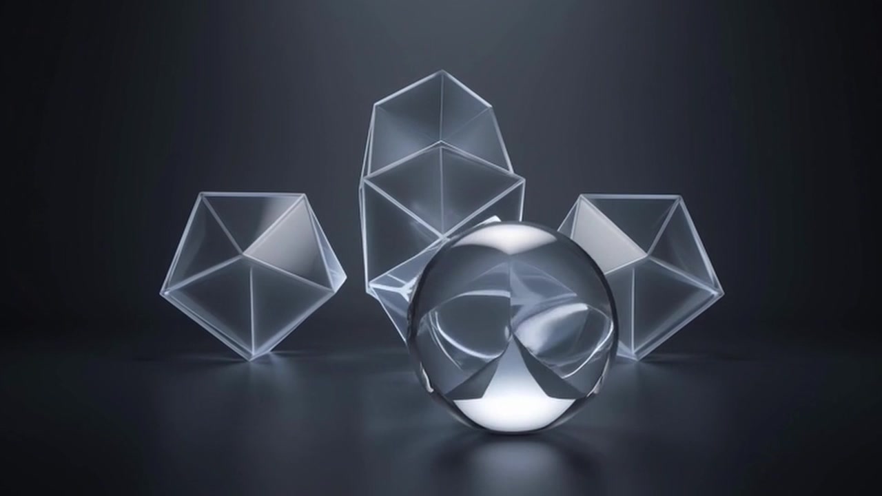 Hehkuvien geometristen lasimuotojen ja pallojen abstrakti animaatio