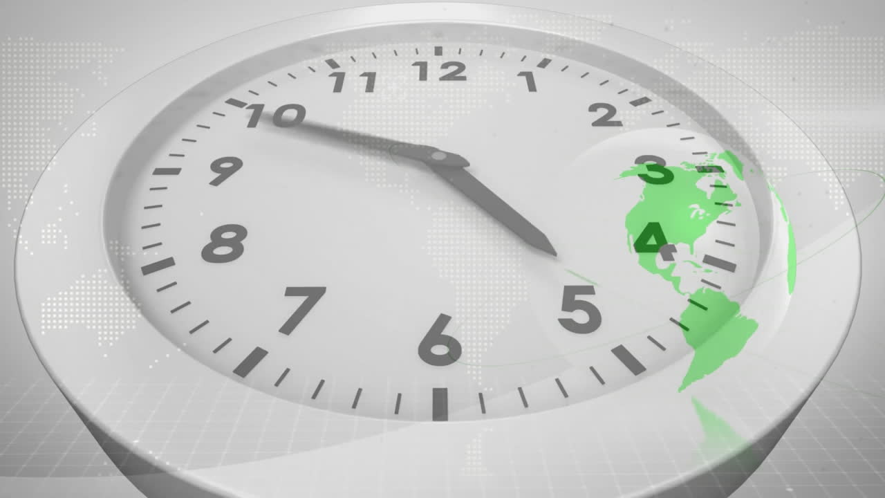 Clock face with world map animation overlay, showing 12 o'clock time