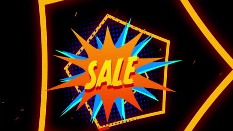 sale written in yellow on comic book flash with orange hexagons moving on black background