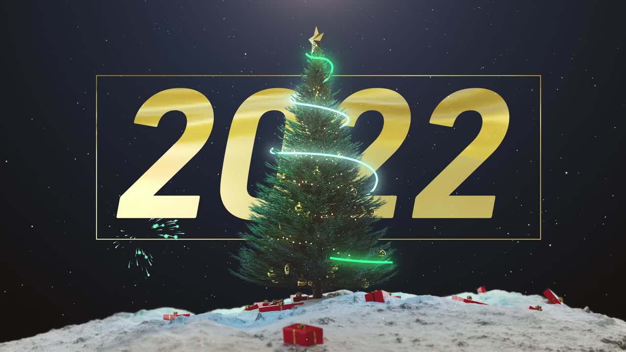 Sfondo blu Capodanno 2022 con albero e fuochi d'artificio