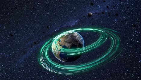 earth in the vastness of space with glowing green energy trails