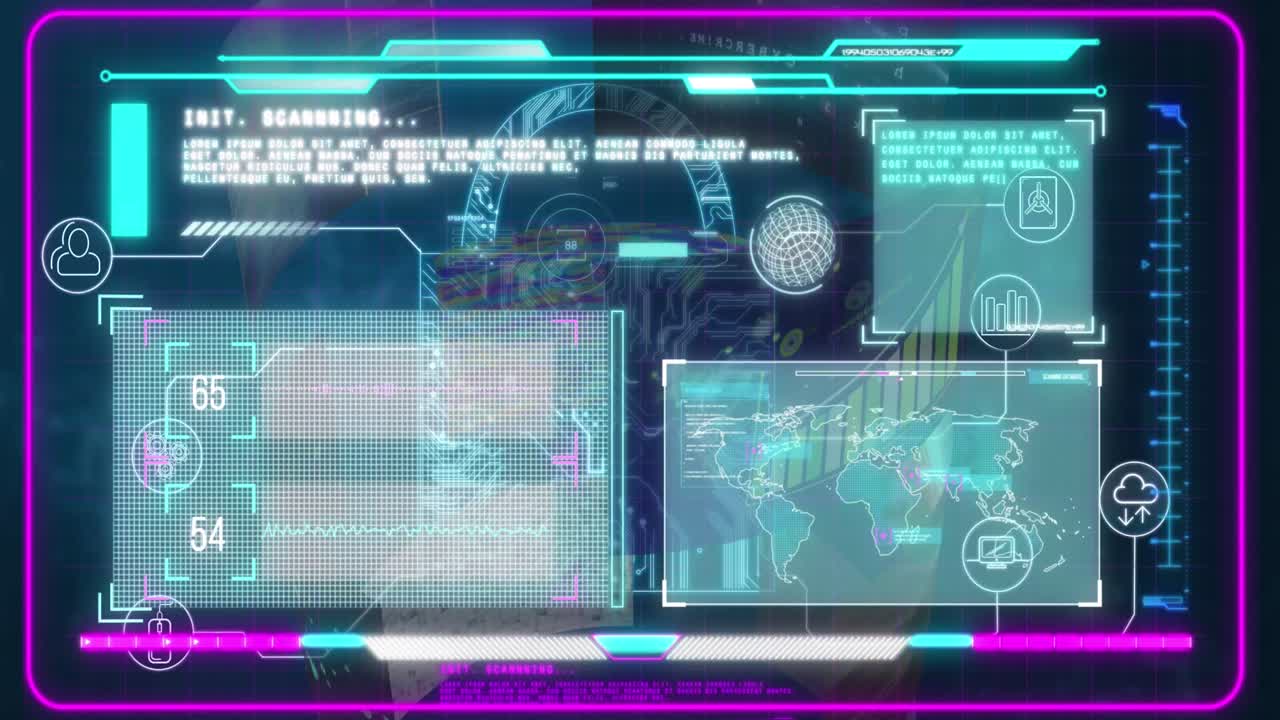 Animation of interface with data processing against purple background
