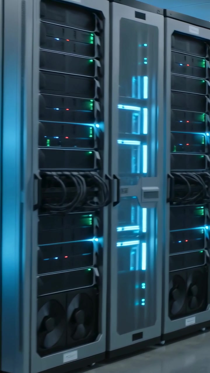 Vertikal video: Glidende fjernstyret dolly afslører serverrack i datacenter til inspektion med LED-lys.