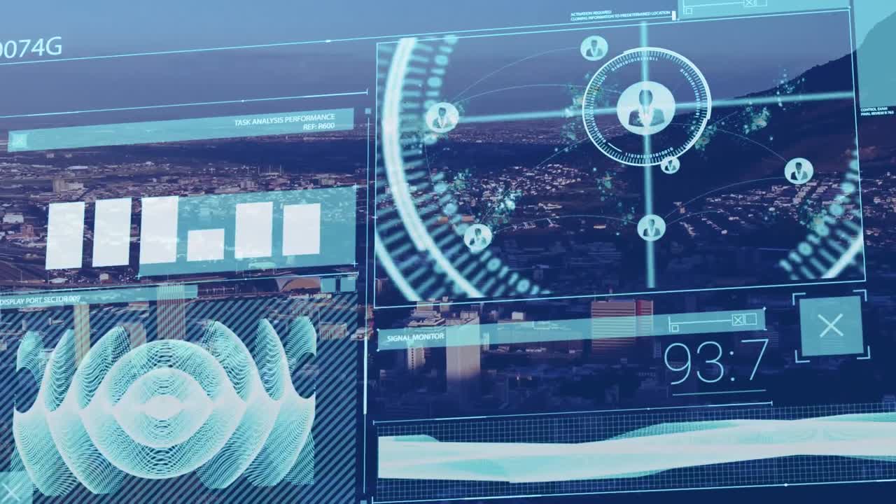 animación del procesamiento de datos e iconos sobre el paisaje urbano