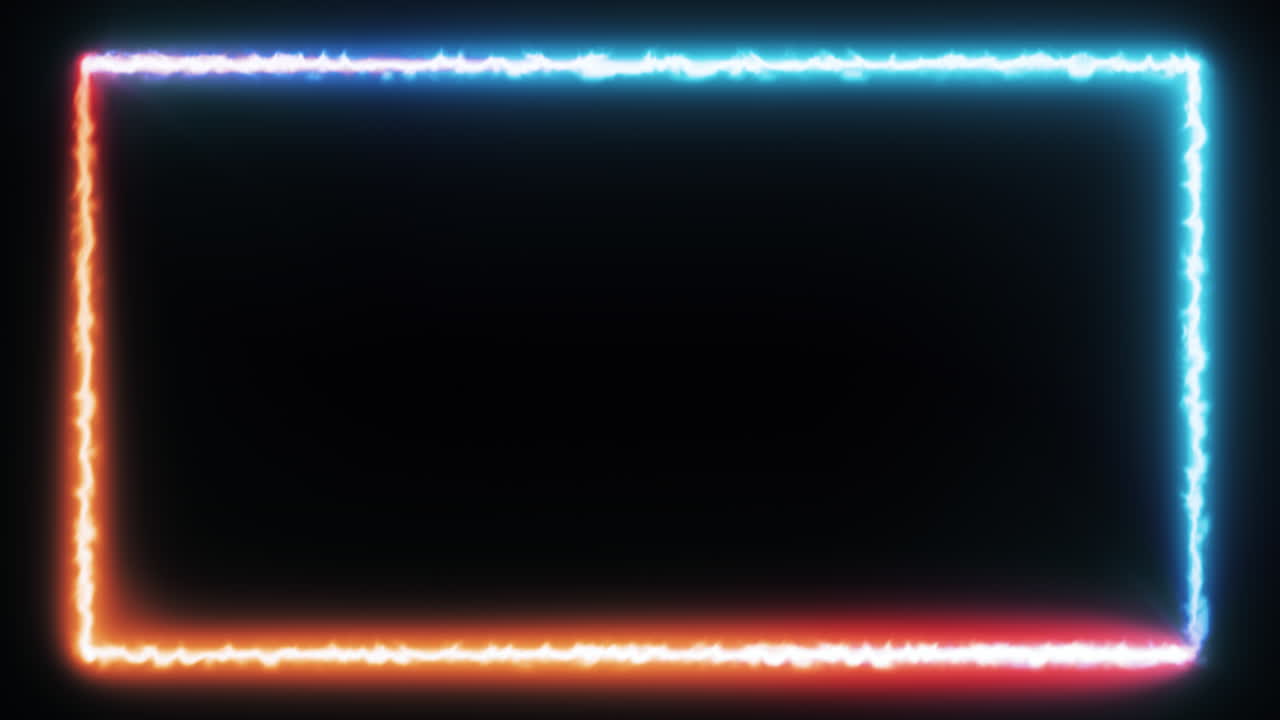 두 개의 파란색과 오렌지색 직사각형이 둥근 가장자리를 가진 프레임을 만들고, 느린 움직임, 반시계 방향으로 흐르는 에너지 필드, 어두운 배경