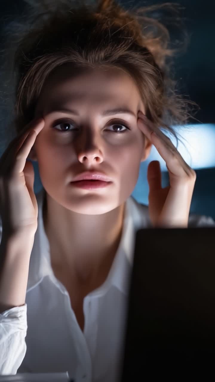 Una Donna Alle Prese con Stress e Fatica Mentre si Massaggia le Tempie Seduta Davanti a uno Schermo di Computer, Evidenziando le Emozioni delle Pressioni e Ansietà del Lavoro Moderno
