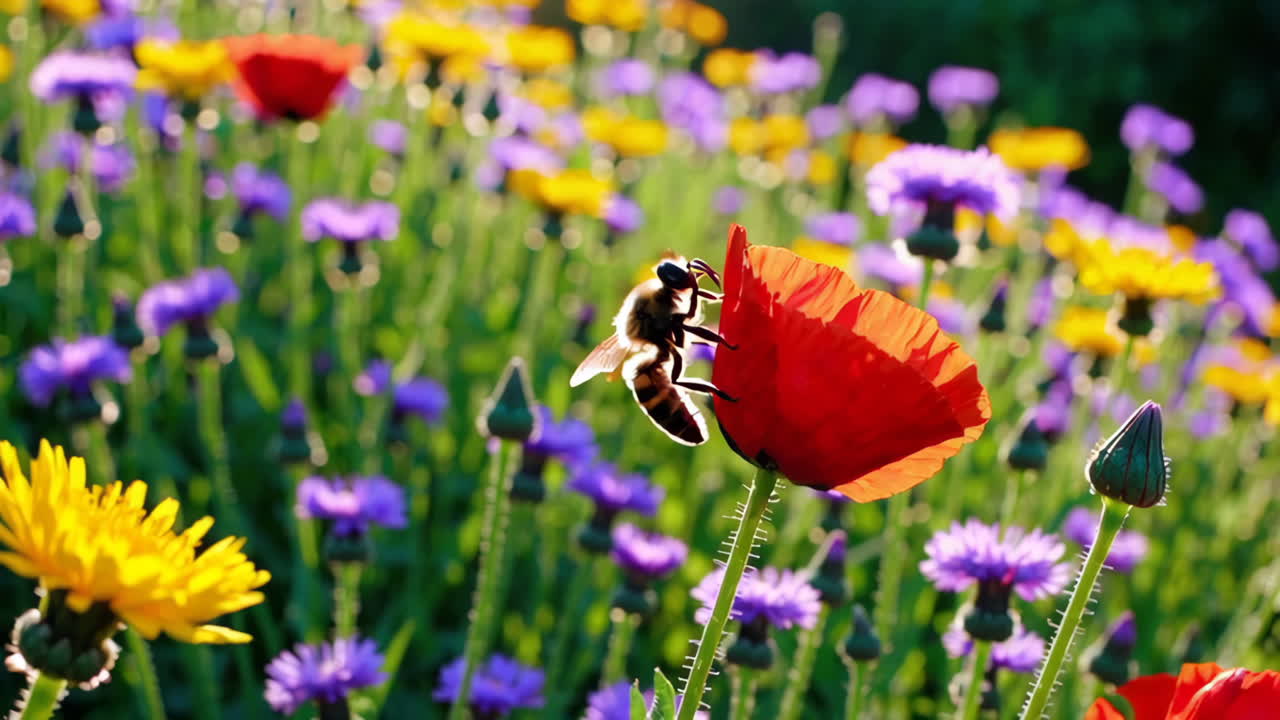 Bee on a Poppy in a Colorful Wildflower Field