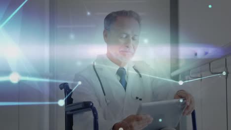 Animation-of-profile-icons-interconnecting-with-lines-over-male-caucasian-doctor-using-tablet-pc