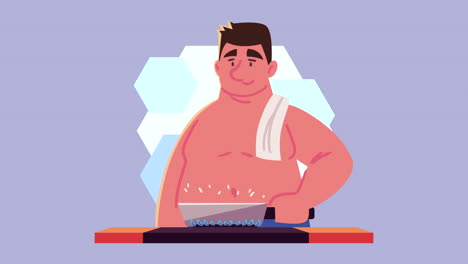 hombre gordo cocinando receta de cocina animación