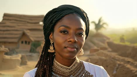 portrait of a beautiful african woman in a traditional head wrap and jewelry, looking away at sunset