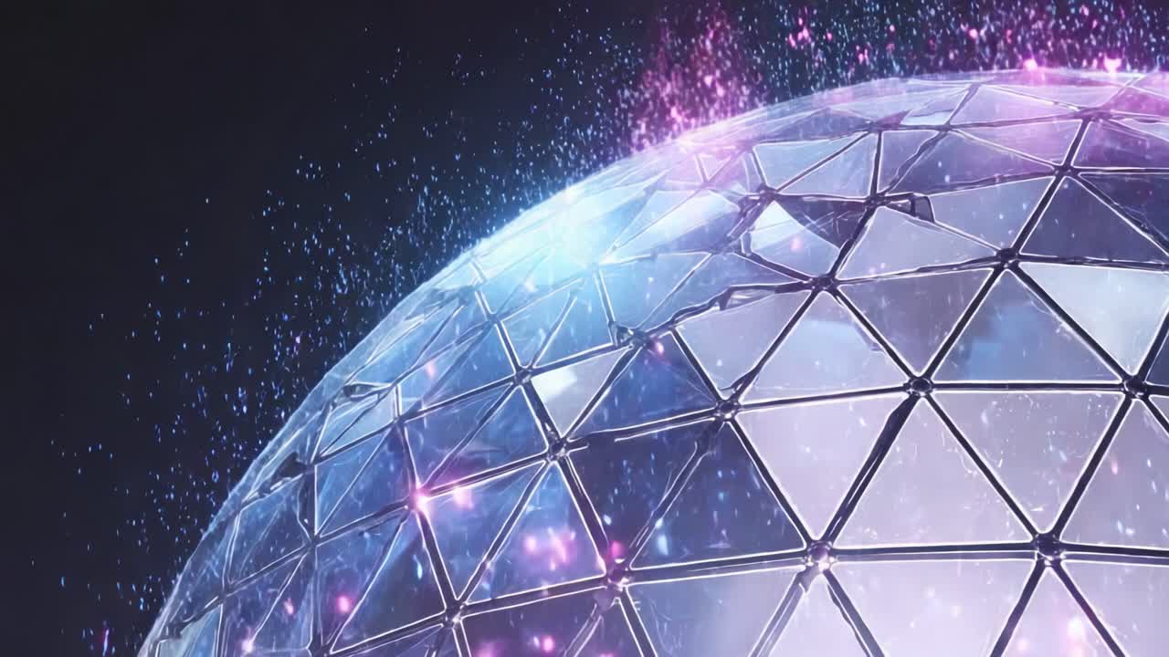 A mesmerizing view of a glowing, futuristic dome surrounded by a cascade of colorful particles, showcasing an enchanting blend of technology and artistry in a captivating cosmic display