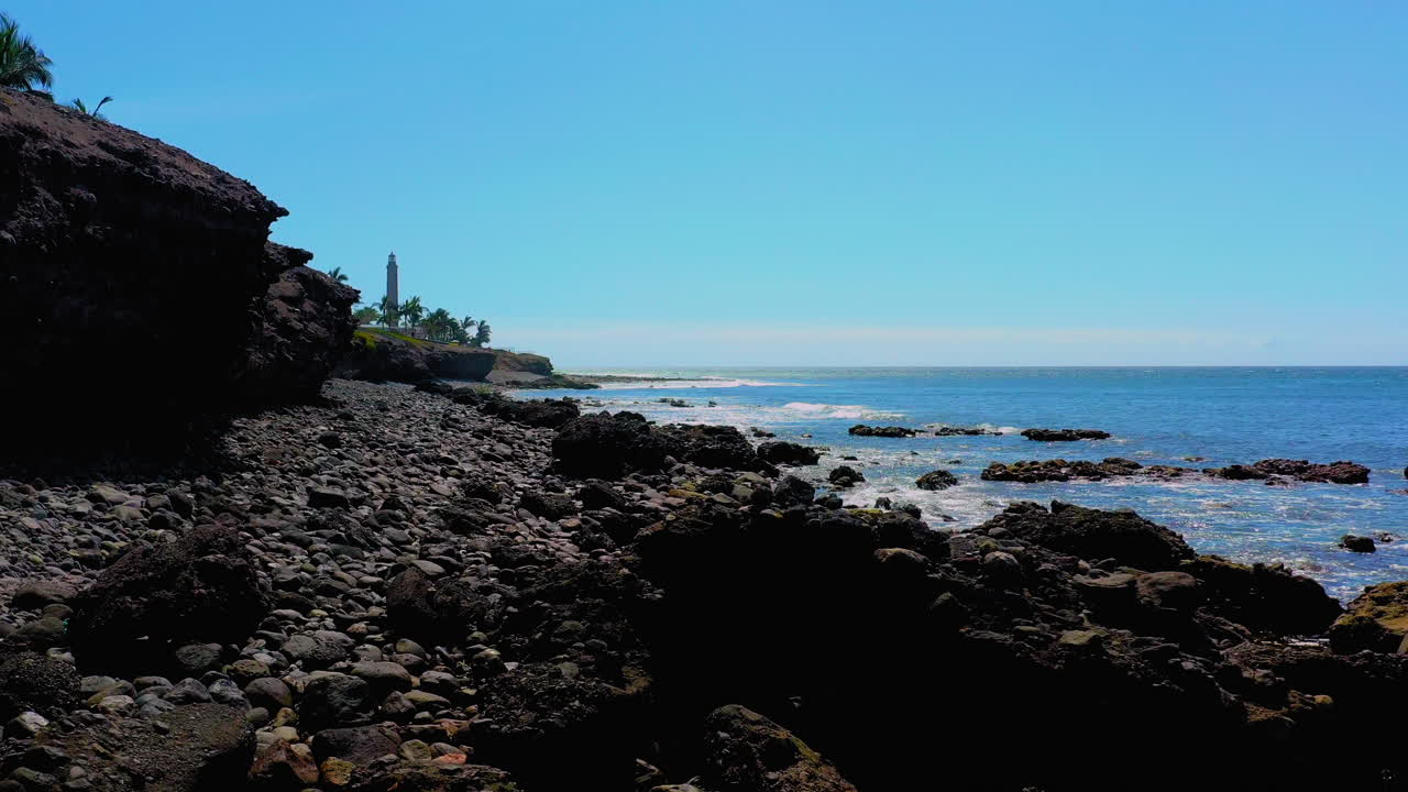 Aerial view of rocks, water, maine, beach, rock, pebble, solid, land, sea, stone. Seashore in summer on a sunny day. Aerial view