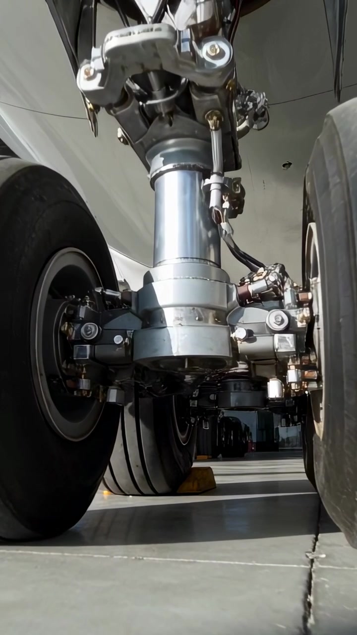 Vertical video: Panning camera following nose gear in hangar, after tech in dark gear checking oleo
