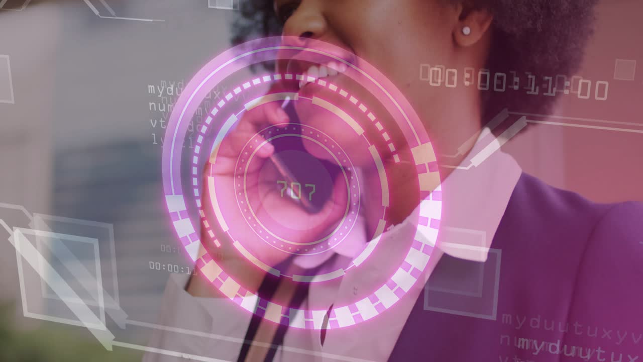 Businesswoman lifting smartphone to ear, rotating HUD overlay and initiating business data call