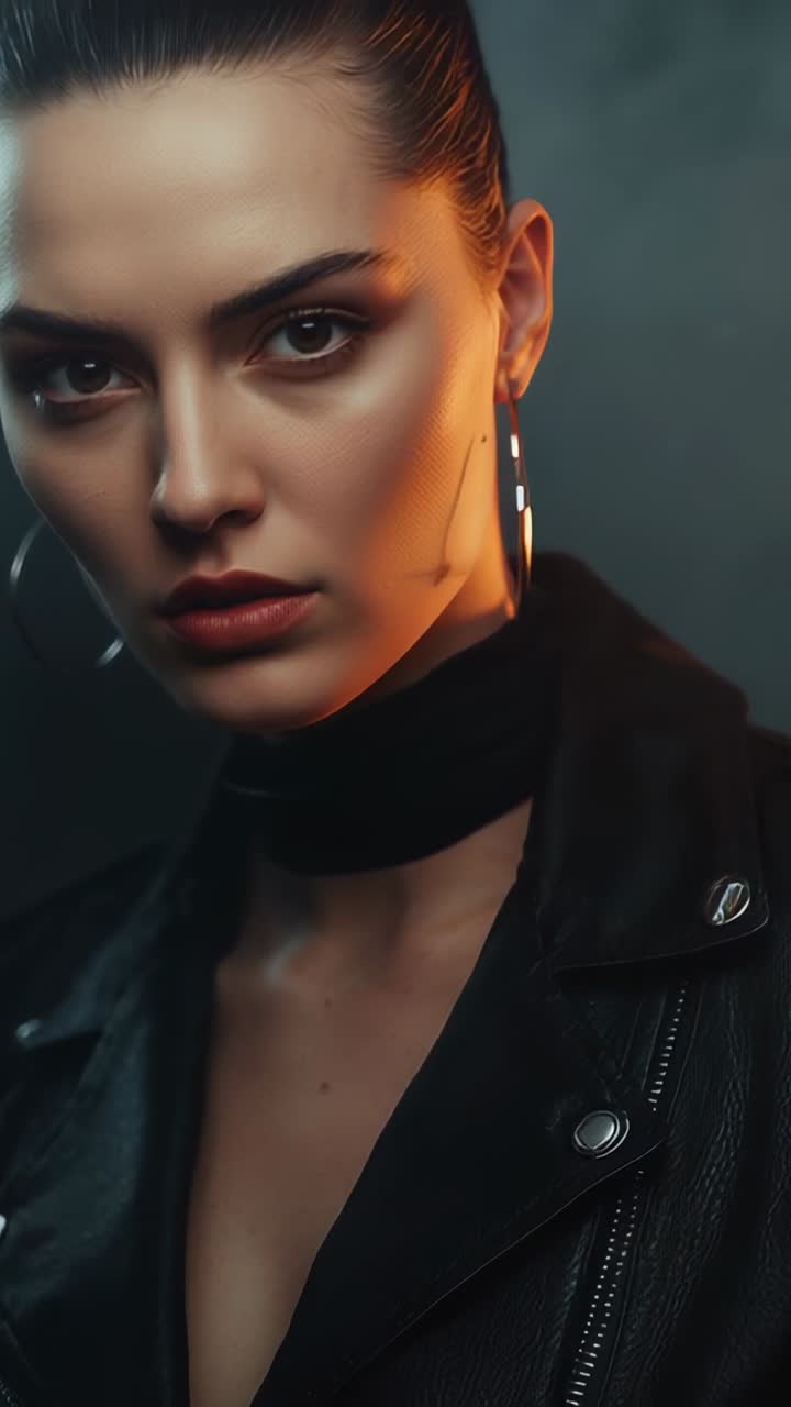 Vertical video: Holding gaze for 3s, model blinking with jacket and hoop earrings in set