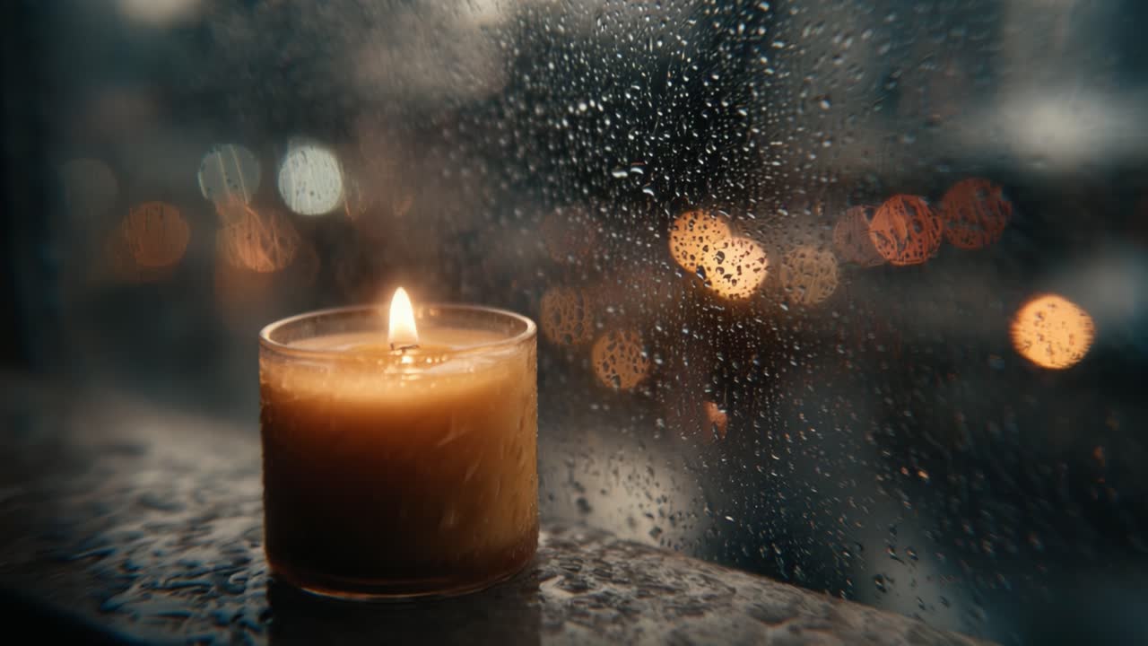 A Glowing Candle Illuminating a Rainy Window: A Cozy Scene Evoking Warmth and Serenity Amidst the Raindrops and Blurred City Lights
