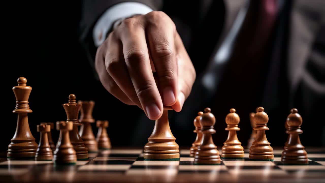 Nahaufnahme aus Augenhöhe einer Hand, die eine Schachfigur auf einem Brett bewegt, Strategie symbolisierend