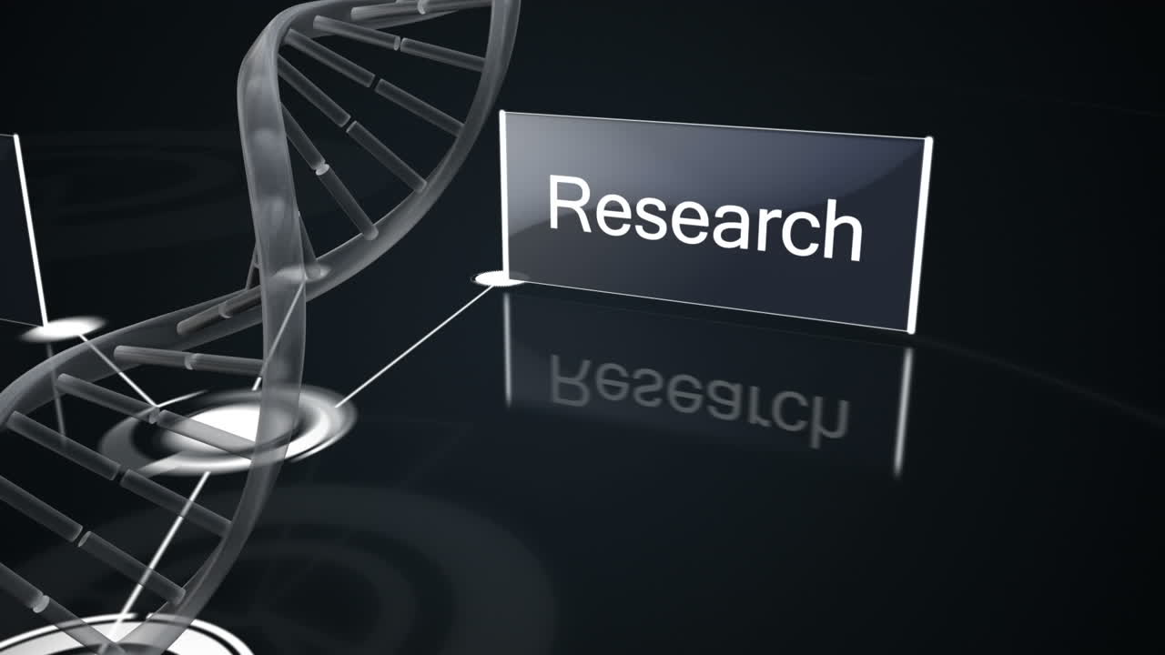 Animation of network of connections and dna strand over dark background