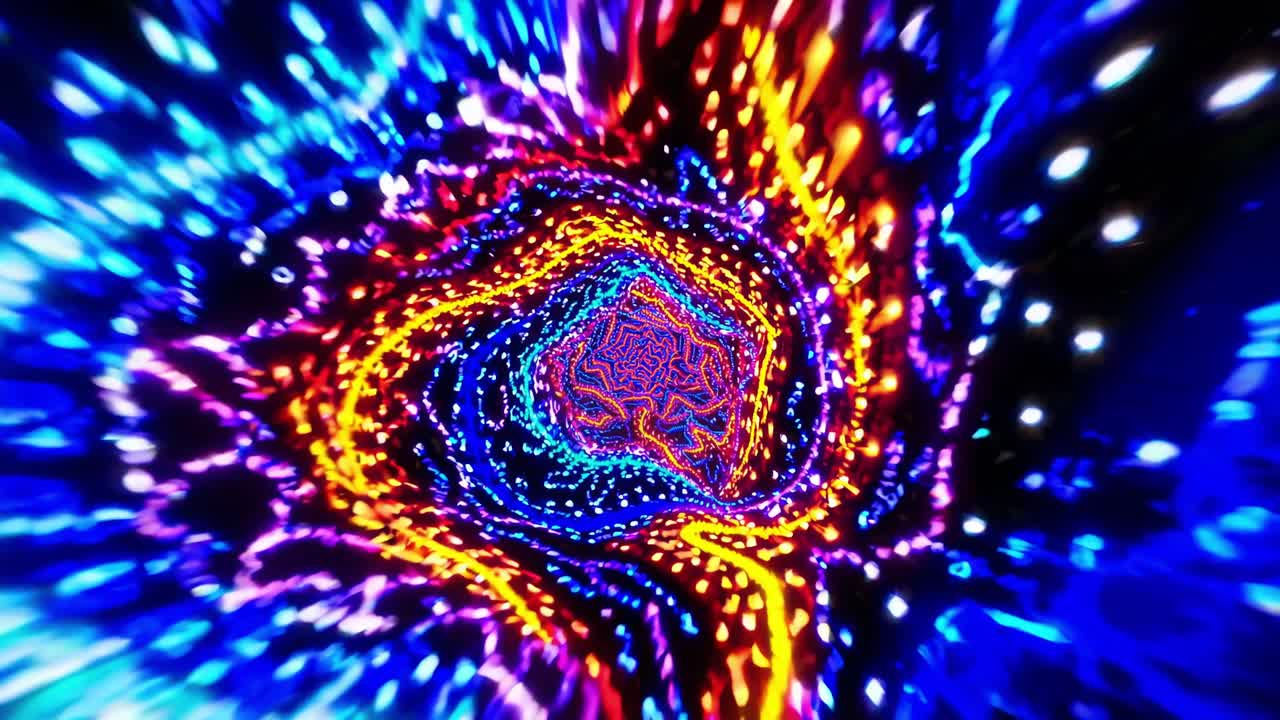 Bright, colorful lights and particles swirling and converging, creating a mesmerizing kaleidoscopic tunnel effect, evoking a sense of movement and wonder
