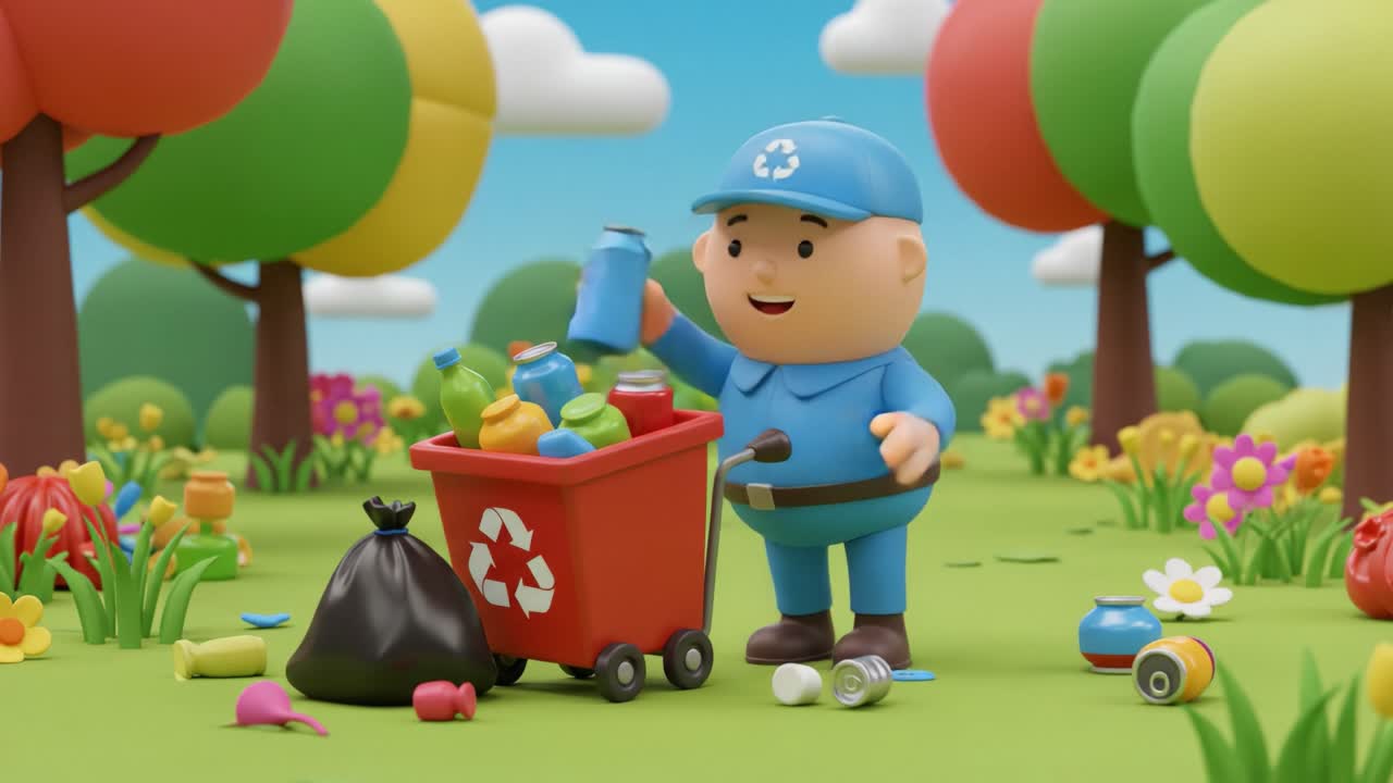 Animated Character Collecting Recyclable Waste in Lively Park Environment, Promoting Eco-Friendly Practices and Importance of Recycling for a Sustainable Future