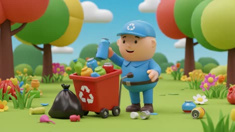 animated character collecting recyclable waste in lively park environment, promoting eco-friendly practices and importance of recycling for a sustainable future