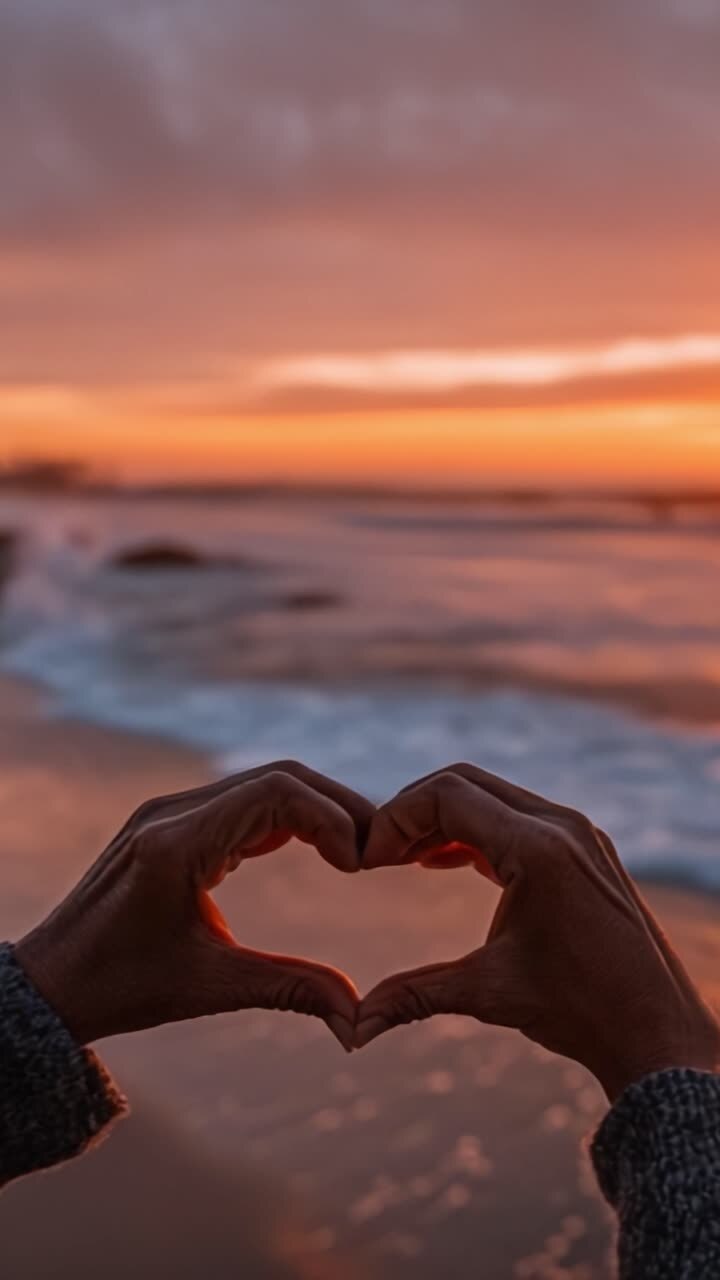 A Beautiful Sunset at the Beach With Hands Forming a Heart Shape, Capturing a Moment of Love and Connection with Nature's Splendor