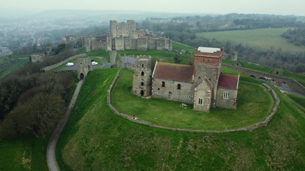Aerial View of Dover Castle and Church on a Hill